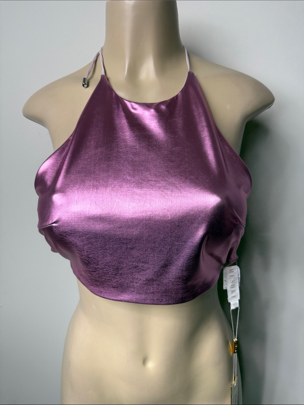 Meshki Metallic Mauve Halter Crop Top